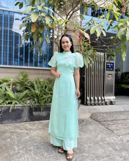 Áo Dài xanh tay ngắn 2